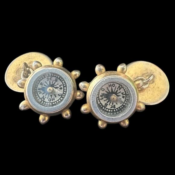 VTG 1950s Gold Tone Nautical Compass Ship Wheel Chain Cufflinks – Steampunk - Picture 1 of 8